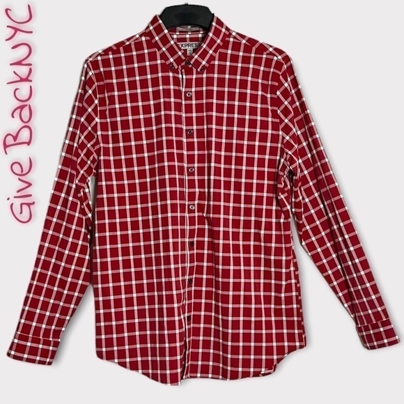 𝅺EXPRESS Fitted Button down Dress Shirt Plaid in Red and White Size L - Picture 1 of 4